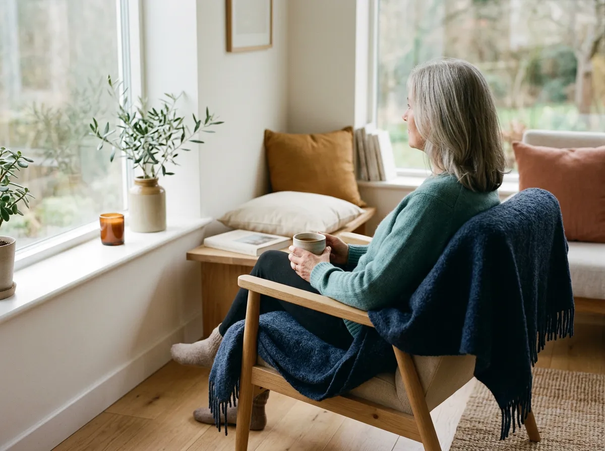 Kvinde ved vindue i afslappet stemning